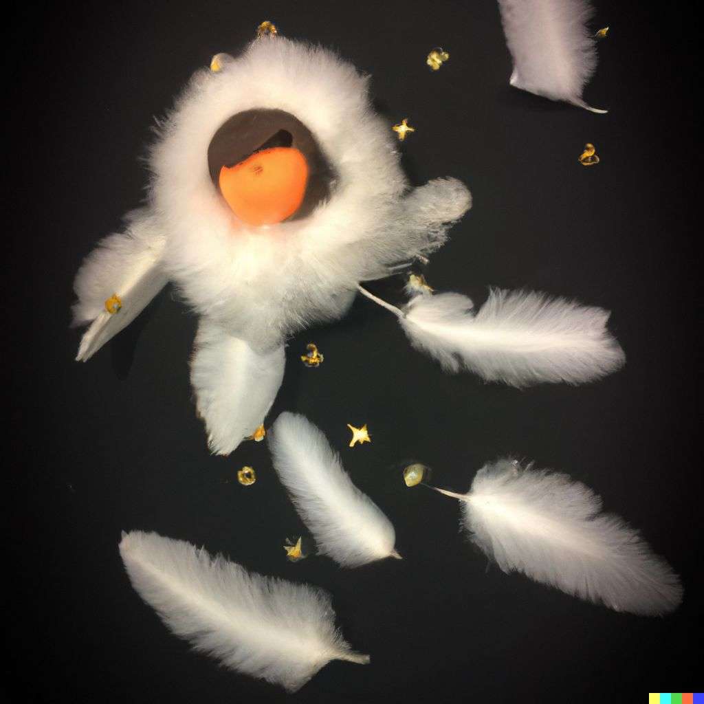 an astronaut, made from feathers